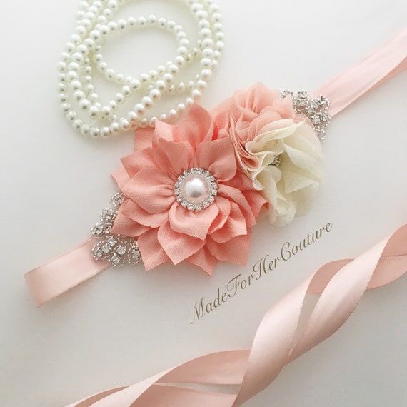 Peach Ivory Flower Sash Belt For Flower Girls...