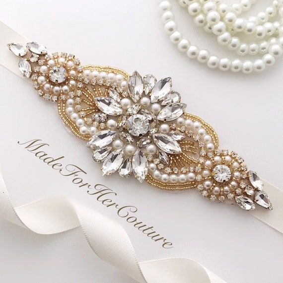 Gold Pearl Crystal Bridal Belt: Rhinestone We...