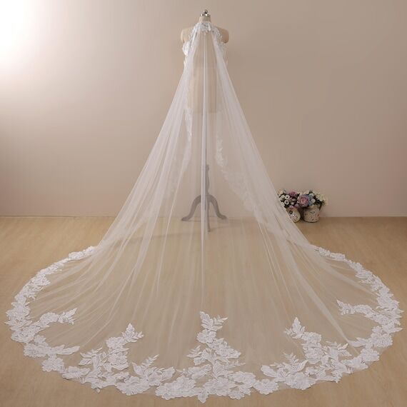 Floral Lace Cathedral Wedding Veil, Soft Tull...
