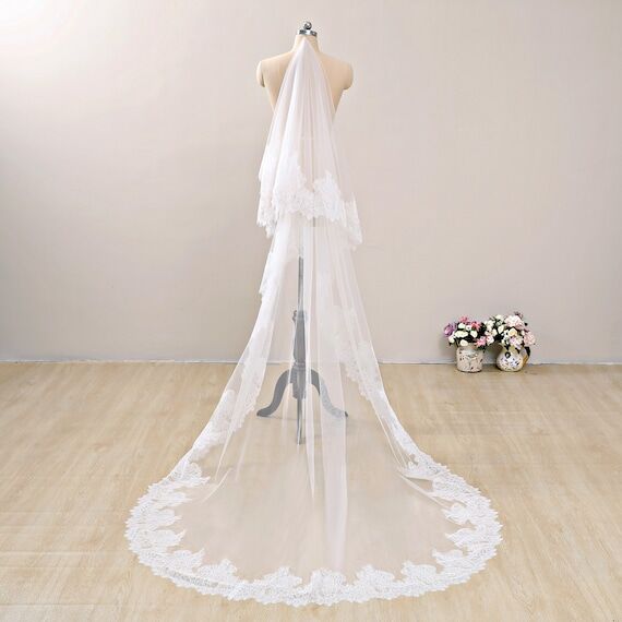 Lace Edge Ivory Cathedral Wedding Veil, Drop ...