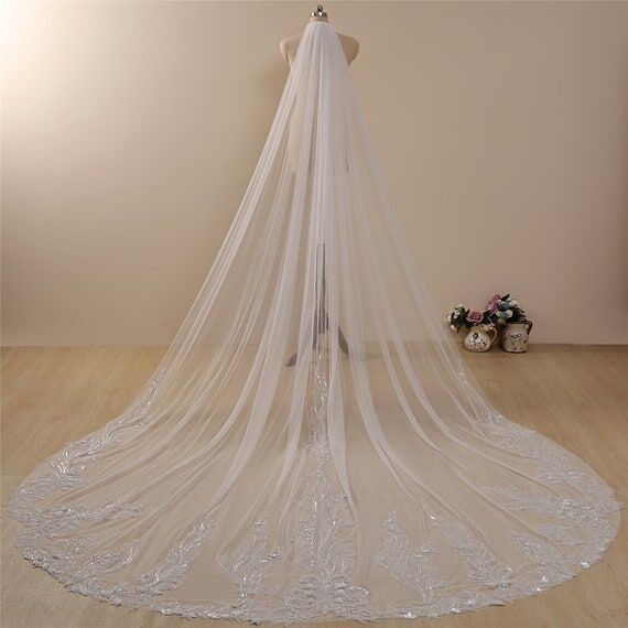 Sequin Lace Wedding Veil: Soft Tulle Bridal V...