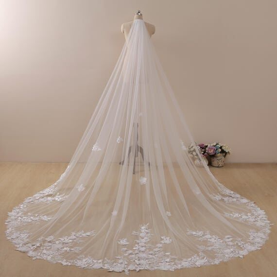Floral Lace Cathedral Wedding Veil, Pearls Rh...