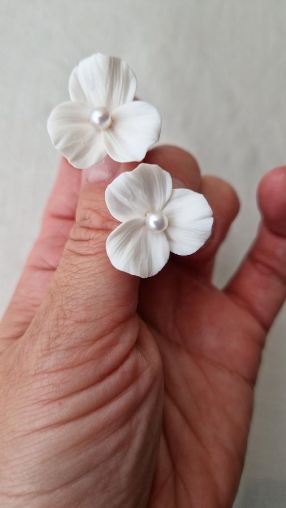 FLORA Bridal Earrings, White Flower wedding S...