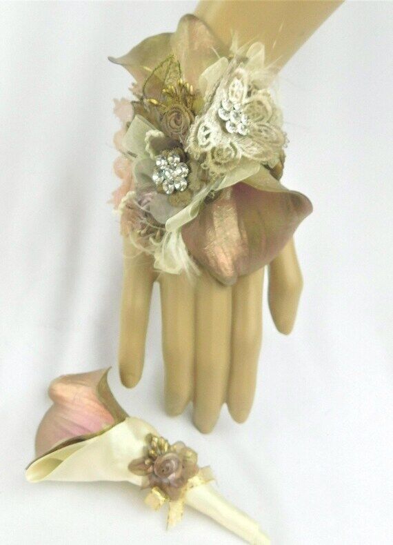 Silk Flowers Corsage Set-Ivory-Rose Gold-Beig...