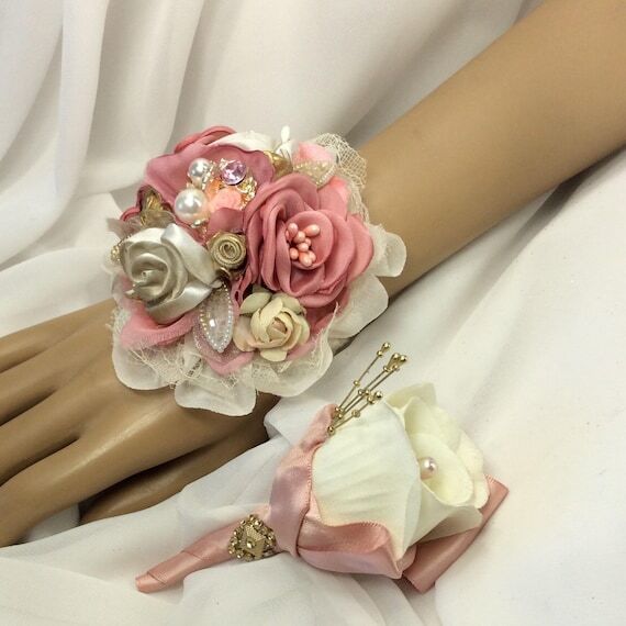 Ivory-Peach-Pink Corsage Wrist Flowers-Prom C...