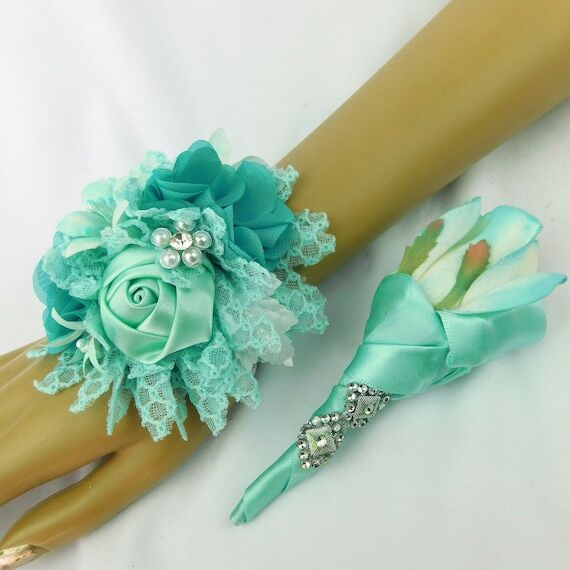 Aqua Prom Corsage Set-Aqua Prom Wrist Corsage...