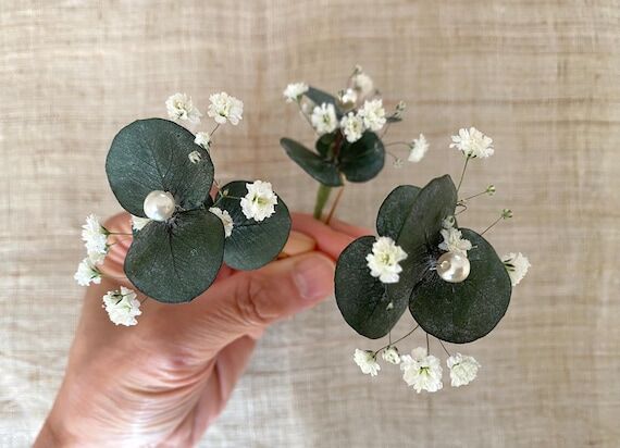 Dried Eucalyptus Baby's Breath Hair Pin, Rust...