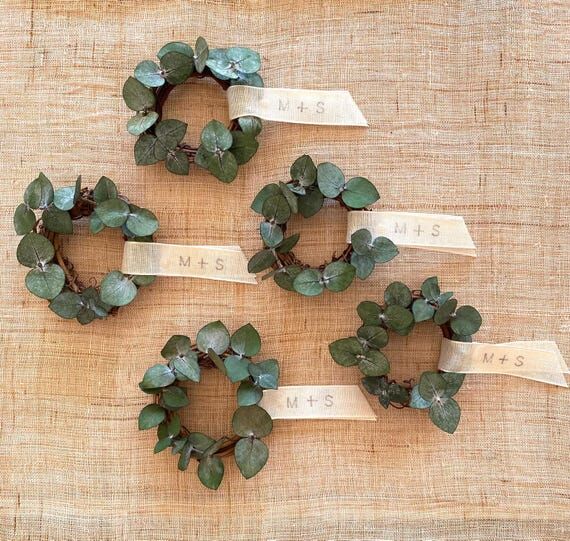 Mini eucalyptus wreath wedding favors, Real d...