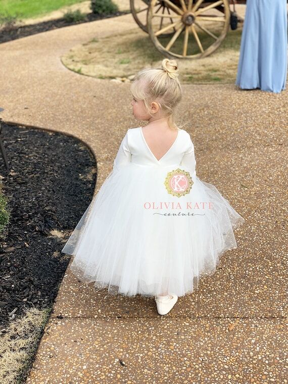 Long Sleeve Flower Girl Dress Ivory Tulle, V ...