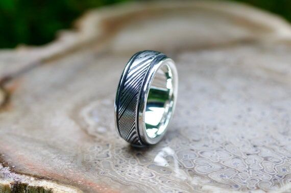 Handmade Damascus Steel Ring, Sterling Silver...