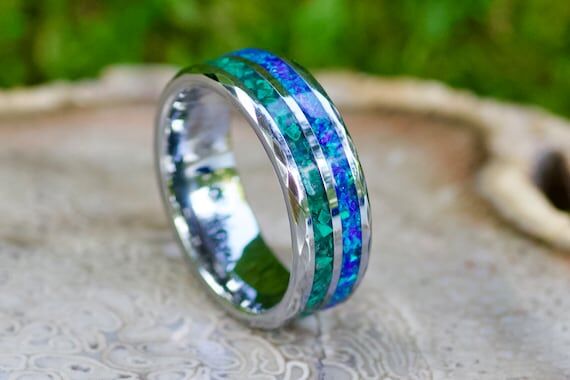 Malachite & Blue Opal Tungsten Ring • Handm...