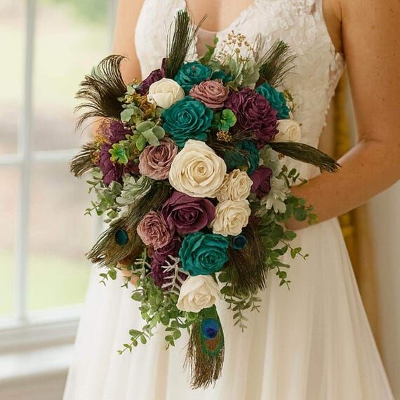 Luxe Boho Jewel Tone Peacock Feather Bouquet ...