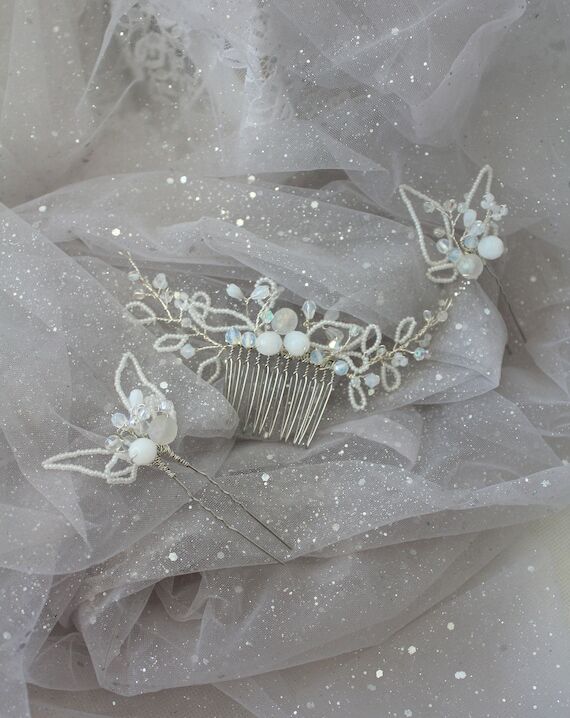 Bridal Comb and Hair Pin Set | AB Crystals, S...