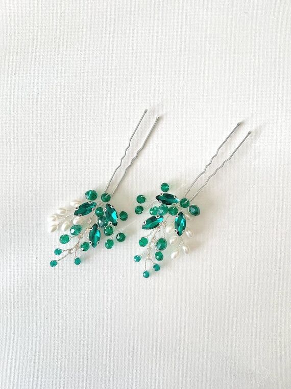 Emerald Green Crystal Bridal Hair Pins,boho b...
