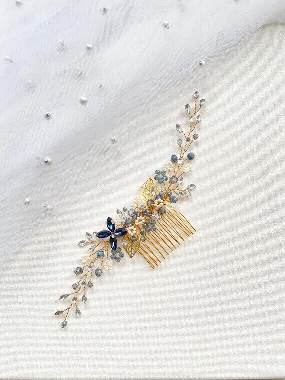 Navy Blue Bridal Hair Comb pearls and crysta...