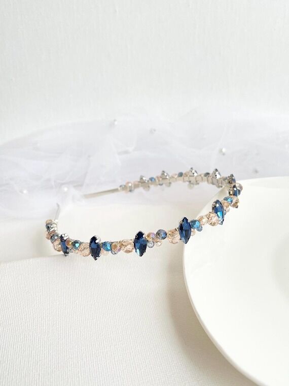 Handmade navy blue & champagne Crystal Bridal...