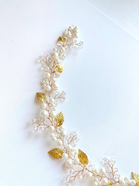 Pearl boho bridal vine gold wedding halo lea...