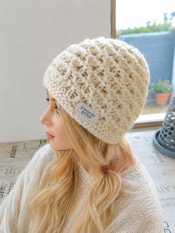 Hand Knitted Cream Wool Beanie, Textured Wint...