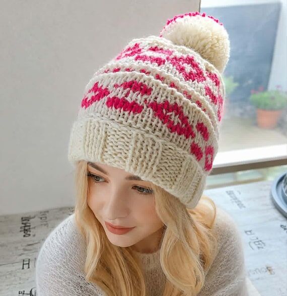 Hand Knitted Wool Beanie Hat, Pink and Cream ...