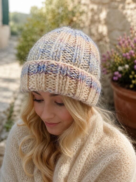 Hand Knitted Wool Blend Beanie Hat, Pastel Mu...