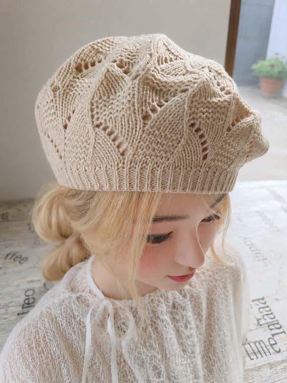 Beige Knit Beret, Lightweight Openwork Women...