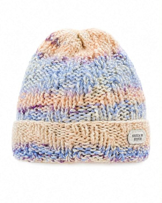 Hand Knitted Wool Blend Beanie, Gradient Stri...