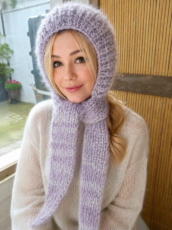 Hand Knit Mohair Bonnet Hat, Warm Wool Hood w...