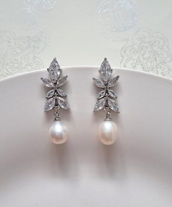 Freshwater pearl & cubic zirconia diamond dro...