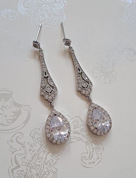 Cubic zirconia diamond wedding earrings long ...