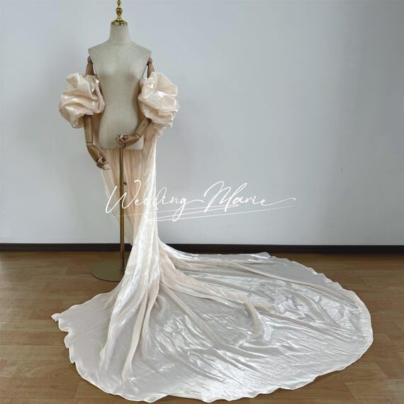 Champagne Glamour Cape-Shiny Puff Sleeves,Cas...