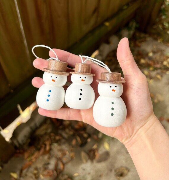 Walnut Wooden Snowman Christmas Ornament Set ...