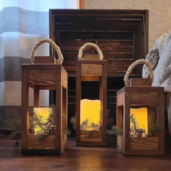 Wooden Lantern Set of Three Tiered Candlehold...