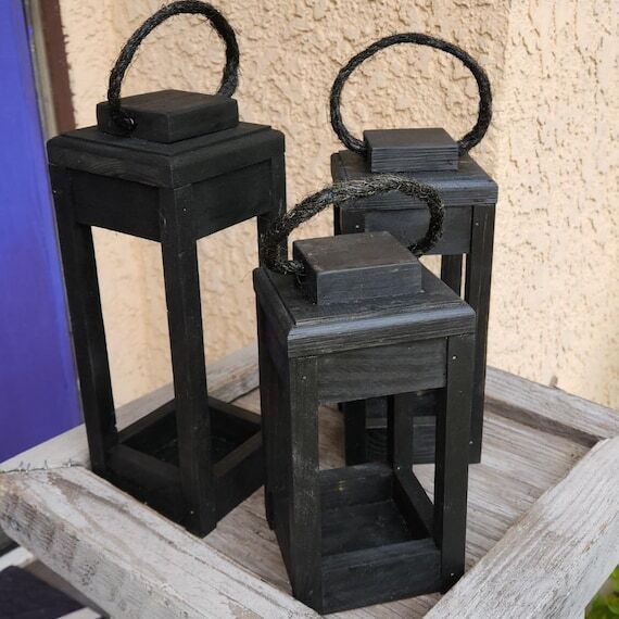 Black Wooden Lantern Set of 3, Rustic Hallowe...