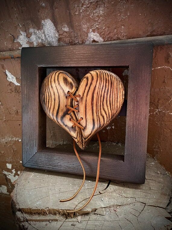 Handmade Wood Heart Sculpture: Rustic Stitche...