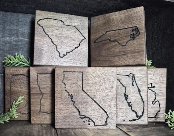 Custom Walnut State Coasters, Engraved City &...