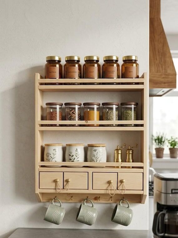 Rustic Kitchen Wall Organizer with Drawers, M...