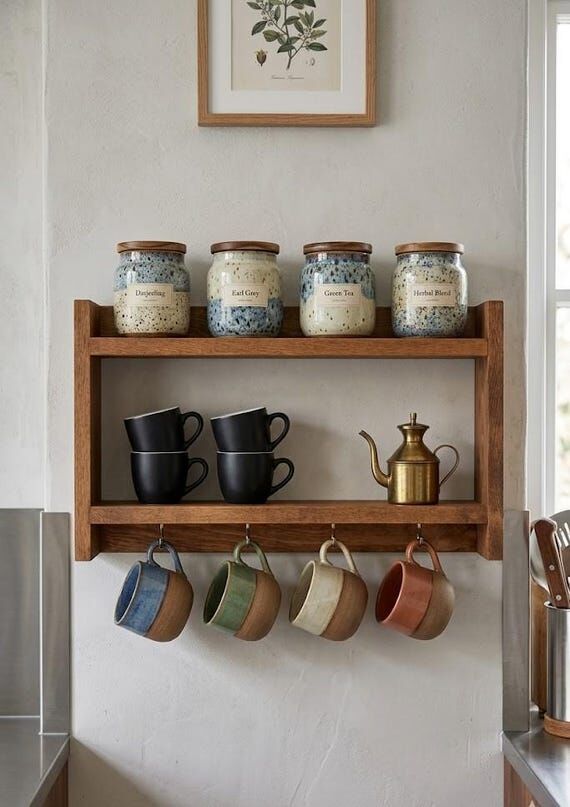 Wooden Spice Rack with Mug Hooks, Wall Organi...