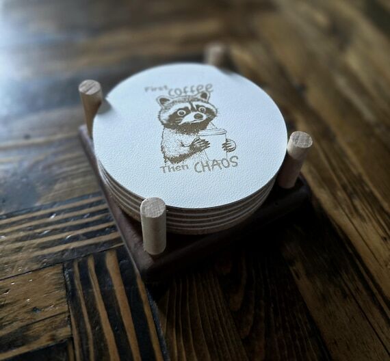 Custom 4" Round Leather Raccoon Coasters...