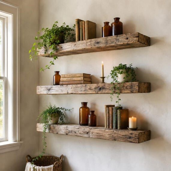 Set of 3 Reclaimed Wood Floating Shelves, Thi...