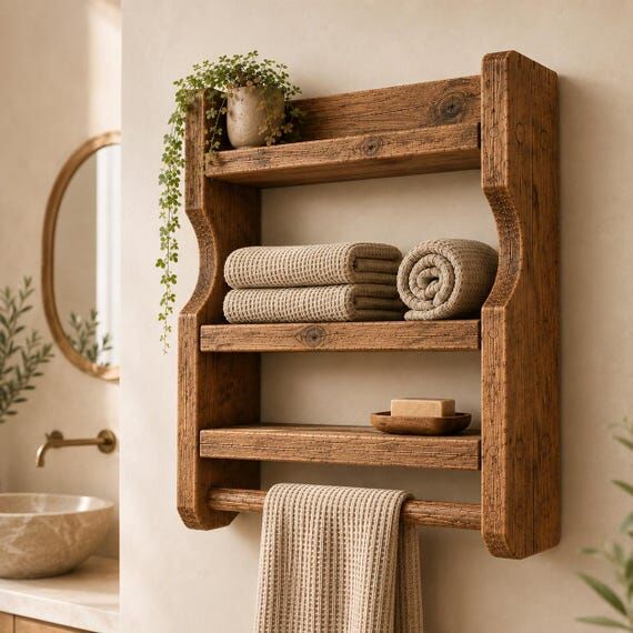 Solid Chestnut Bathroom Wall Organizer, 3 Tie...