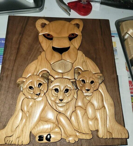 Handmade Wooden Lioness and Cubs Intarsia Wal...