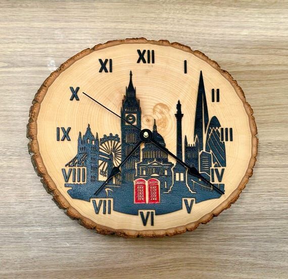 Handmade Rustic Wood Clock – Skyline Silhou...