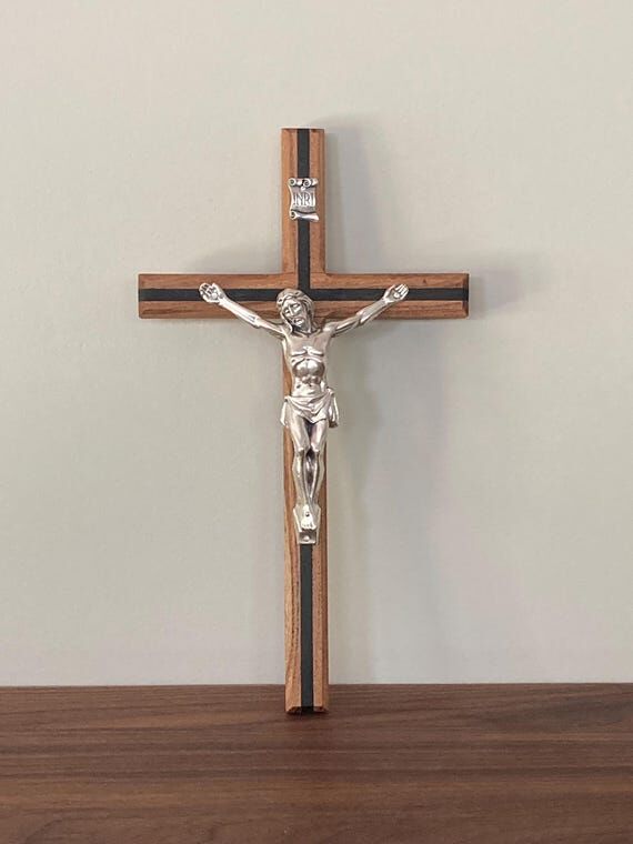 Handmade Wooden Crucifix: Custom inlay, walnu...