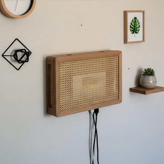 Wooden Cable Organizer | Oak Modem Storage Bo...