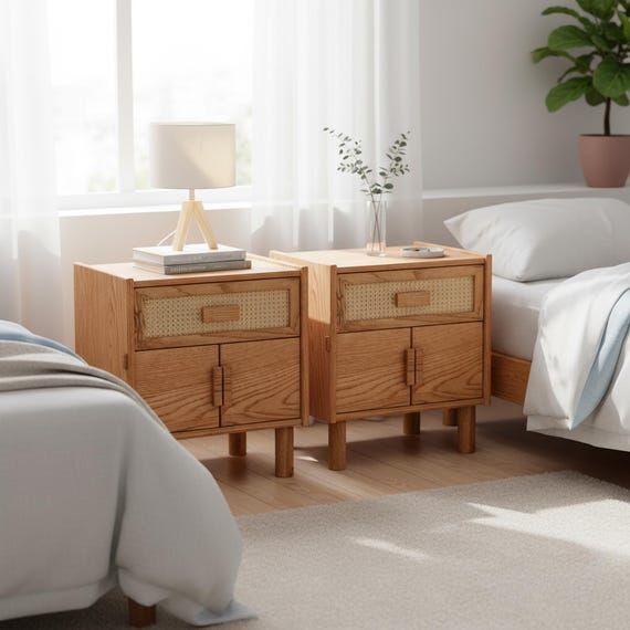 Set of 2 Nightstands with Natural Cane and Dr...