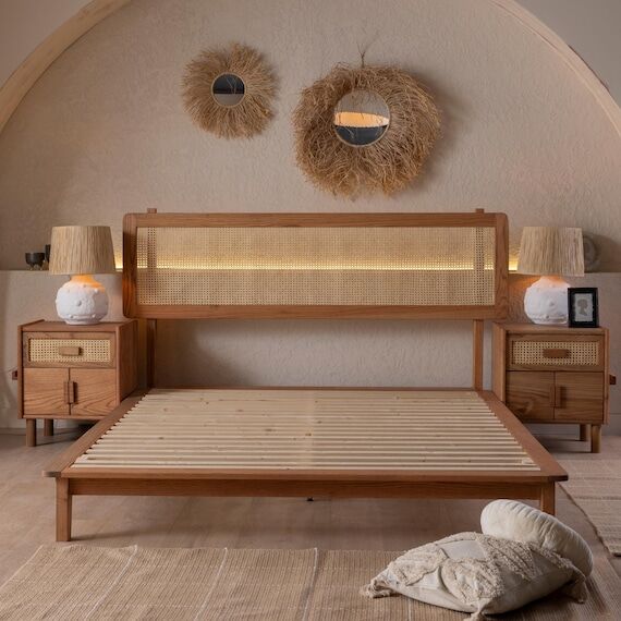 Solid Oak Bed Frame with Natural Cane Headboa...