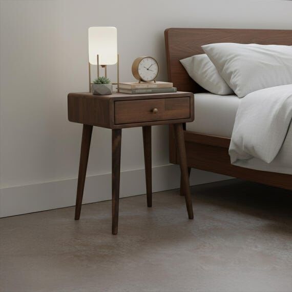 Solid Beech Wood Nightstand with Drawer - Sca...