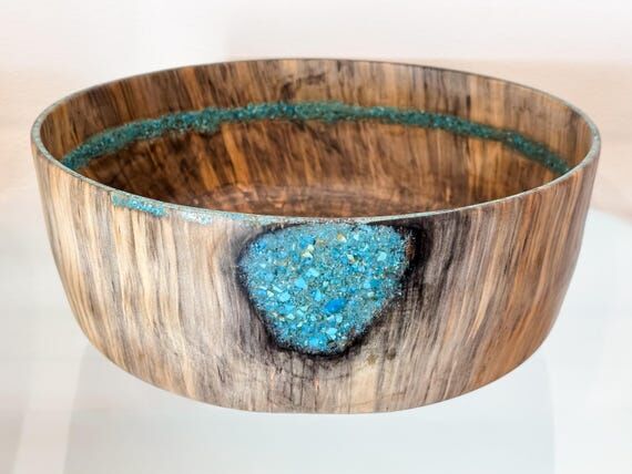 Norfolk Pine Wood Bowl with Turquoise Gemston...