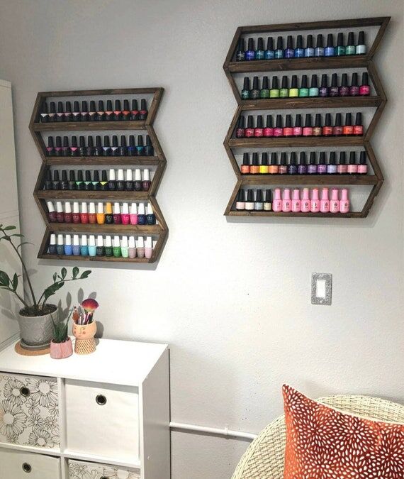 Chevron Nail Polish Shelf, Hanging Wood Organ...