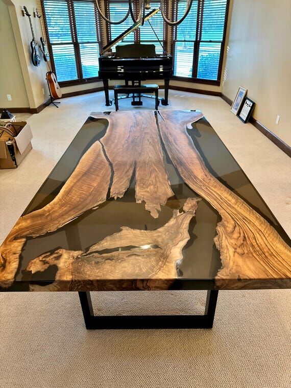 Smoke Epoxy Walnut Dining Table, Live Edge Ta...
